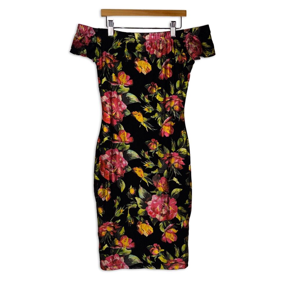 GUESS Y2K Floral Bodycon Dress Small Off Shoulder Black Metallic Rose Stretch